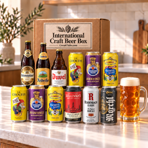 International craft beer variety gift box with twelve beers and an amber beer in a dimpled mug; illustrative selection.