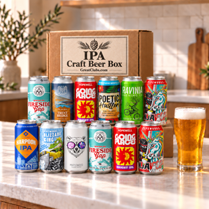 IPA Craft Beer Variety Gift Box with twelve beers and a poured beer; illustrative selection.