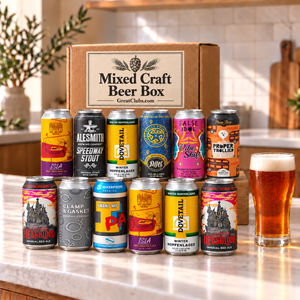 Mixed Craft Beer Styles Variety Gift Box with twelve beers and a poured beer; illustrative selection.