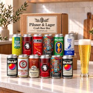 Pilsner & Lager Craft Beer Variety Gift Box with twelve beers and a poured beer; illustrative selection.