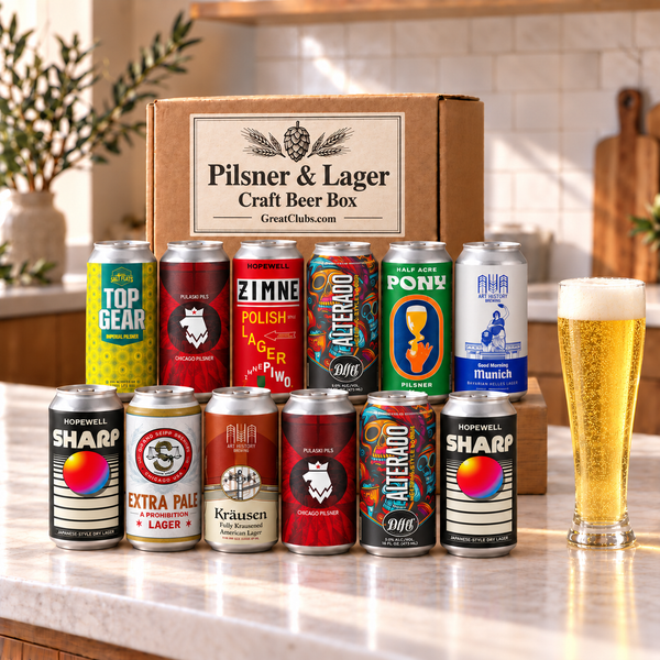 Pilsner & Lager Craft Beer Variety Gift Box with twelve beers and a poured beer; illustrative selection.