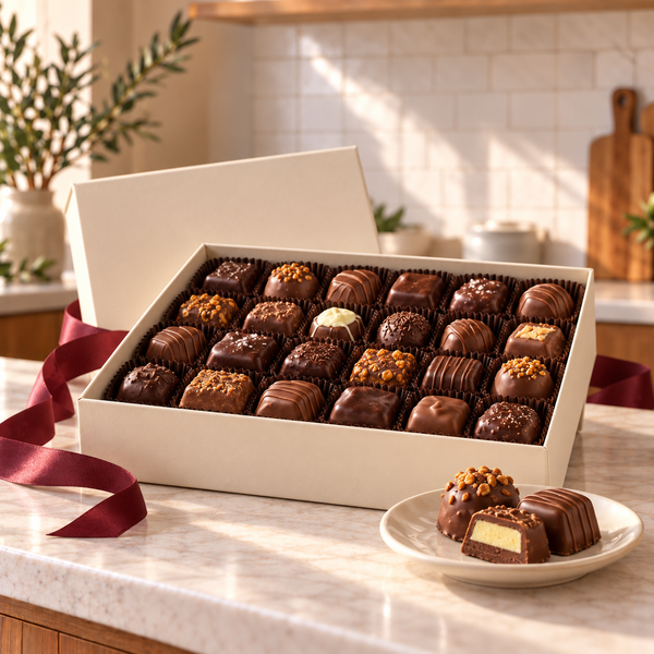 Assorted chocolates in a gift box on a sunlit kitchen counter