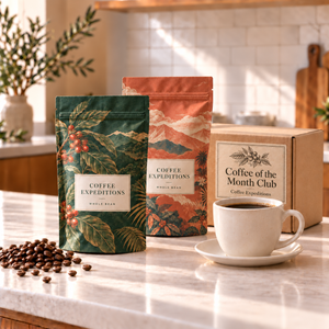 Illustrative coffee bags and cup with Coffee of the Month Club branded shipping box