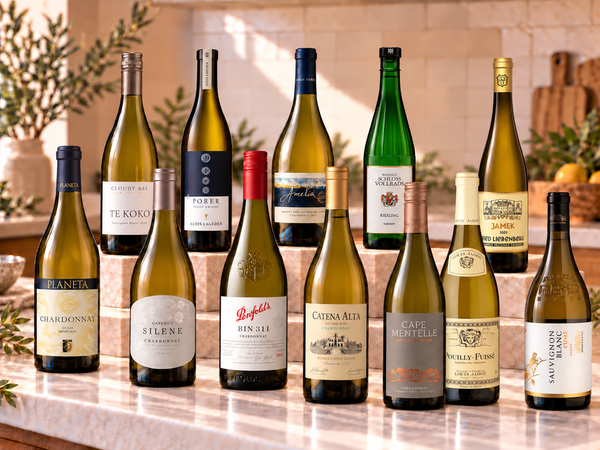 Illustrative twelve distinct international white wines on marble; actual selections vary