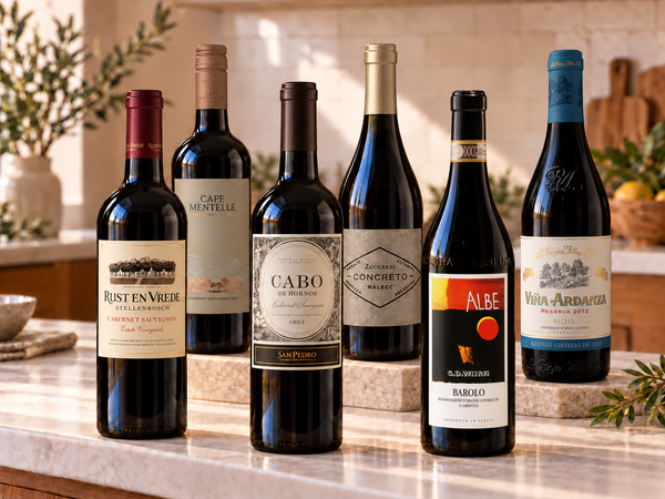 Illustrative six distinct international red wines on marble; actual selections vary