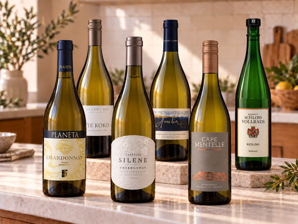 Illustrative international 6 white gift box with distinct wines; actual selections vary