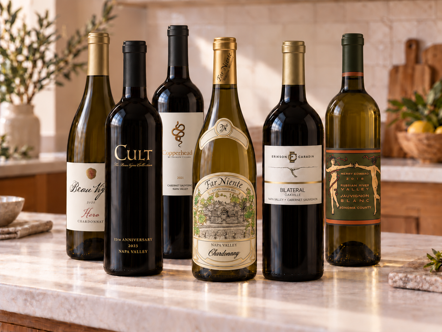 Illustrative 6 distinct red and white wines arranged on marble; actual selections vary