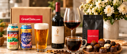 Monthly gift club selections featuring beer, wine, coffee, chocolates, and flowers.