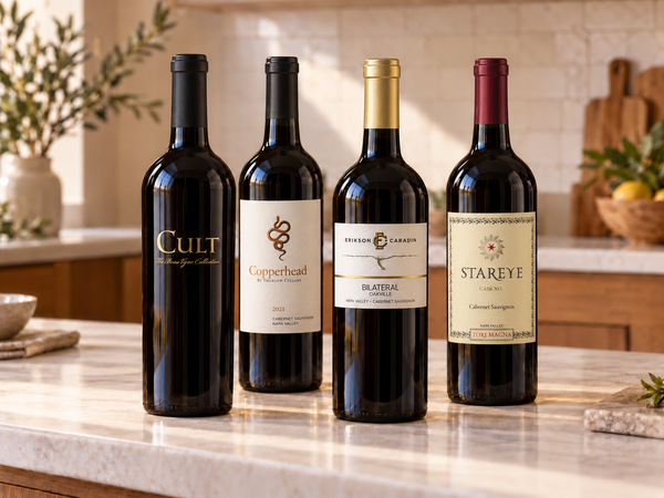 Illustrative 4 distinct red wines arranged on marble; actual selections vary