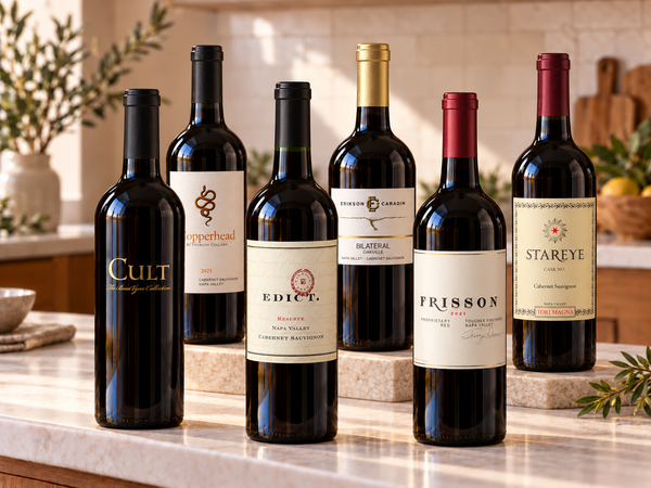 Illustrative 6 distinct red wines arranged on marble; actual selections vary