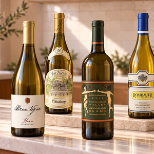 Illustrative four distinct white wines on marble; actual selections vary