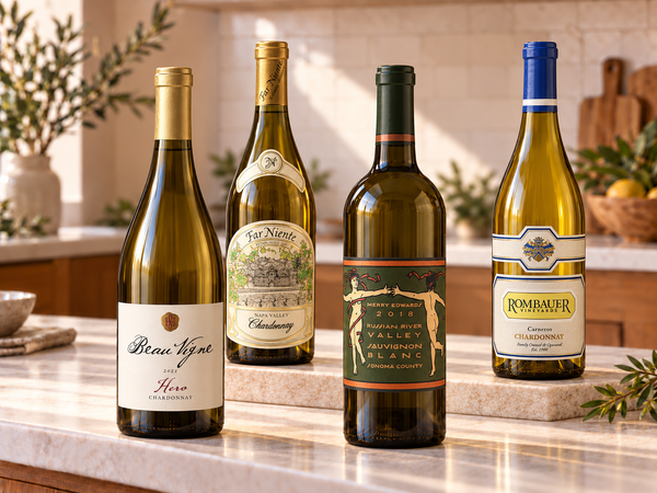 Illustrative four distinct white wines on marble; actual selections vary