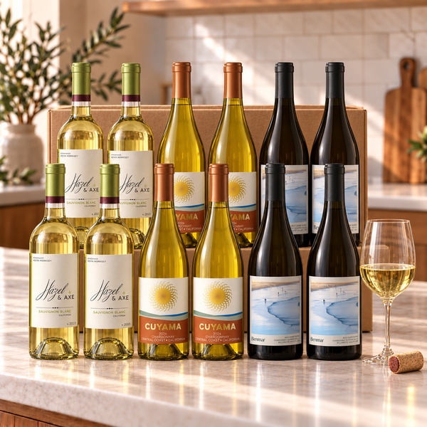 Illustrative 12-bottle white wine selection on a kitchen counter