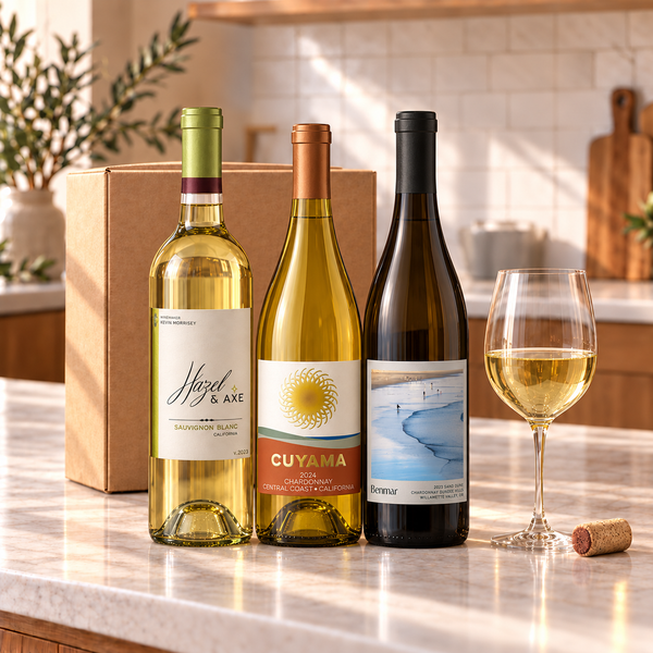 Illustrative 3-bottle white wine selection on a kitchen counter