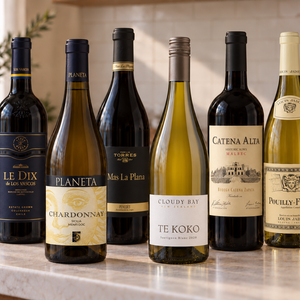 Illustrative international 6 mixed wine gift box selection on a marble counter