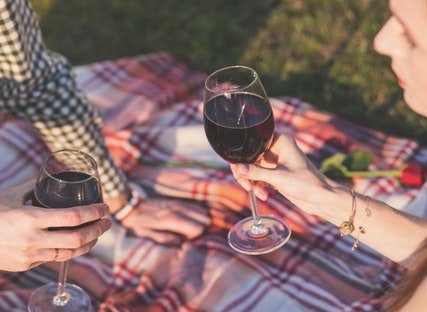 Two people on a blanket drinking the best wine from our Wine of the Month Club